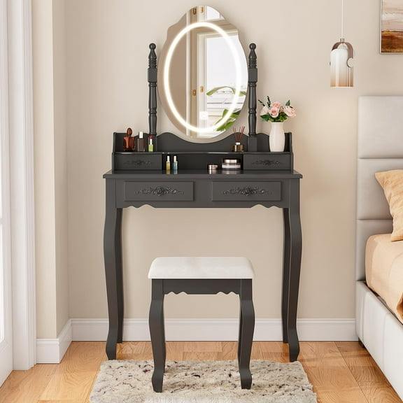 Vanity Desk with Mirror and Lights, Modern Vanity Makeup Table and Cushioned Stool Set with 4 Drawers, 3 Color Lighting Modes with Adjustable Brightness, Dressing Table Set for Bedroom (Black)