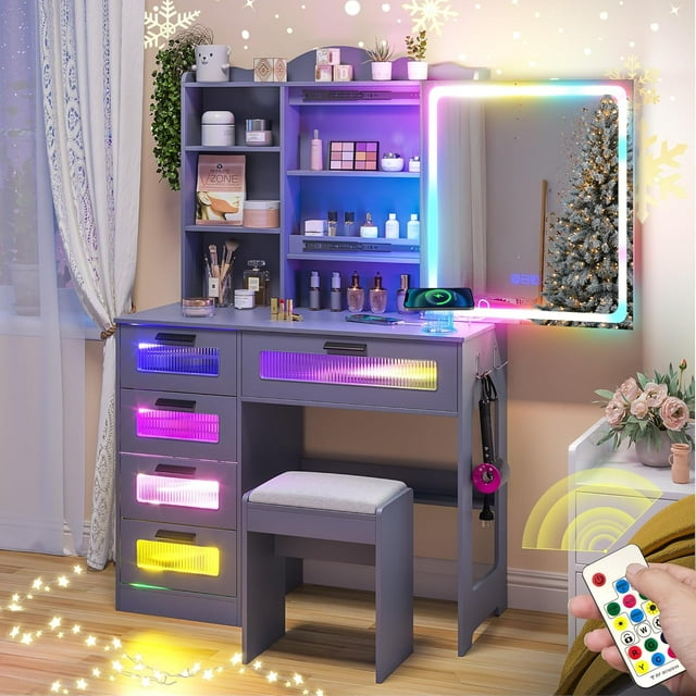 Vanity Desk with Mirror and Lights, RGB LED Makeup Vanity Desk with