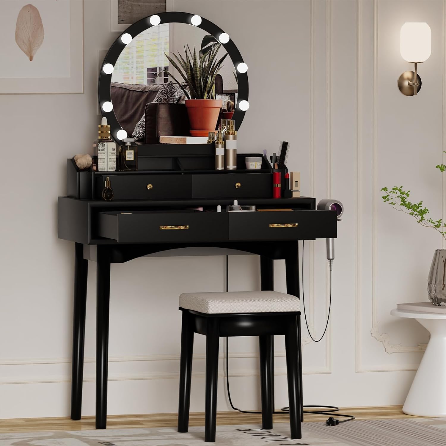 Vanity Desk with Mirror and Lights, Small Vanity with Adjustable
