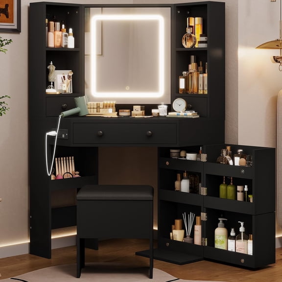 Vanity Desk with Mirror Lights, Storage Bench & Power Outlet, Corner Vanities with Rotating Cabinet & Drawers, 3 Light Settings Vanity Set, for Women Girls, Black