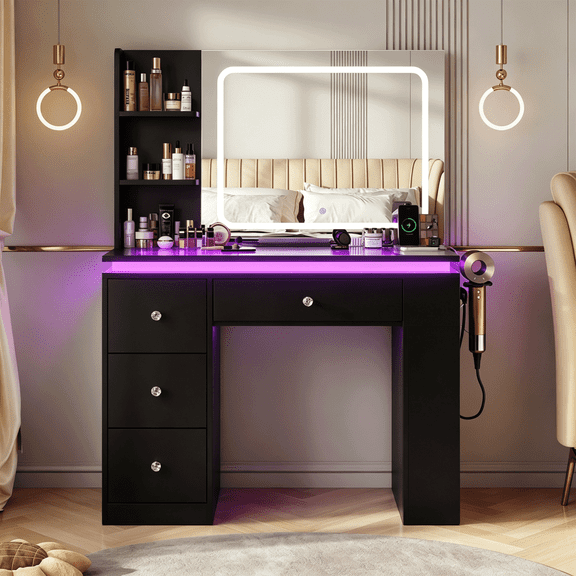 Black Vanity Desk with Mirror and Lights,Transparent Top Vanitys with 2 RGB Drawers, A Variety of Lighting Modes Brightness Adjustable,Power Outlet, Side-Mounted Large-Capacity Storage