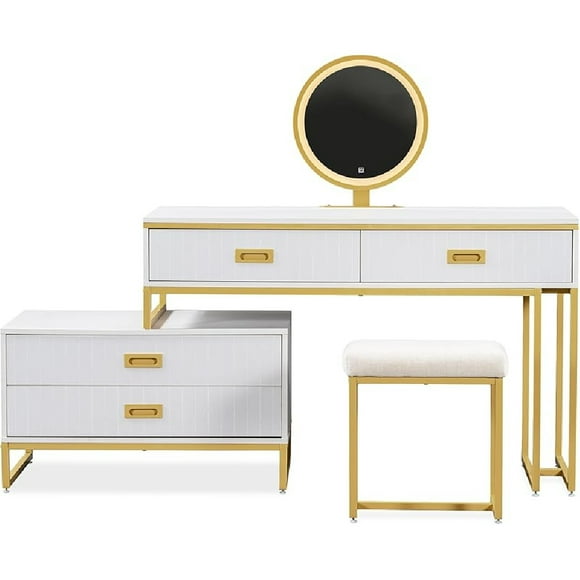 Vanity Desk With Mirror And Lights,Vanity Desk,With Movable Side Cabinet And 4-Drawers,Large Size Dressing Table With 3-colors LED Light,Storage Bench,High Gloss White Makeup Table for Bedroom Office