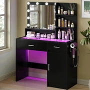 Vanity Desk with Mirror and Lights, Vanitys with Glass Top & Power Outlet, Dressing Table with 36 Lighting Modes Brightness Adjustable RGB Drawers, for Women Girls Bedroom Black