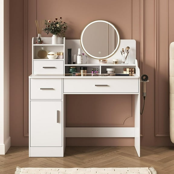 Vanity Desk with Mirror and Lights, White Makeup Vanity Desk with Power Outlet, Tawny Glass Top Vanity Table with Cabinet, Shelves & Drawers, Dressing Table for Bedroom, 3 Lighting Mode