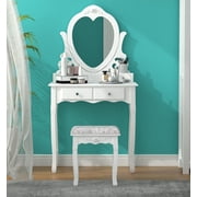 Vanity Desk with Mirror, Makeup Desk Vanity Dressing Table Set with Shelves & Cushioned Stool, Vanity Desk and Chair Bedroom Ottoman Makeup Table for Girls Women Bedroom Studio, White, LJ11