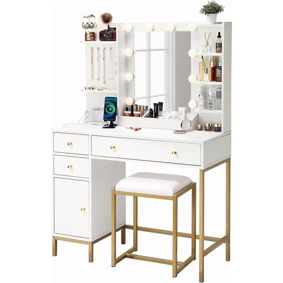 Vanity Desk with Mirror, Makeup Vanity Table with Chair & Charging Station, Dressing Table with Drawers & Storage Shelves, Vanity Table Set for Bedroom Dressing Room, 3 Lighting Modes