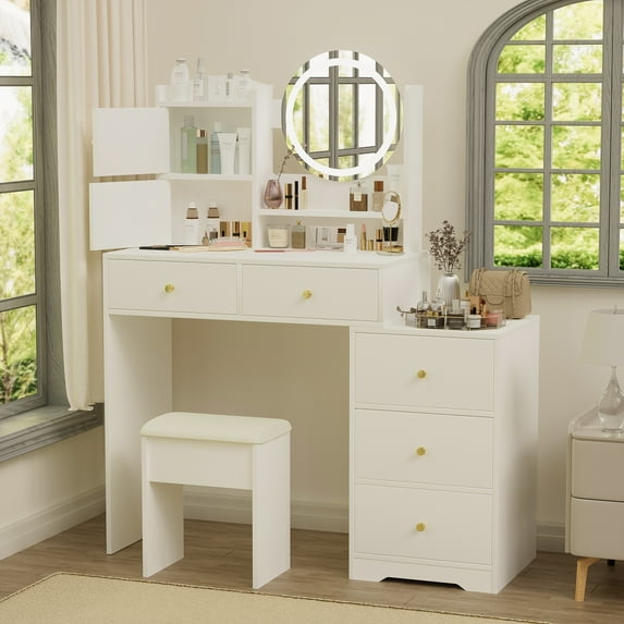 Vanity Desk with Mirror, Paproos Makeup Table, Vanity Dressing Table with 5 Drawers and Storage Shelves, Makeup Vanity Table Stool Set, Bedroom Dresser Table for Girls Women, White