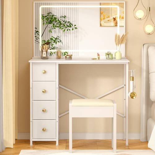 Vanity Desk No Mirror, White Makeup Vanity Desk with 4 Fabric Drawers, Small Vanity Table for Bedroom, Girls Compact Vanity Dressing Table with Storage, 36 Inches Kids Desk for Small Space