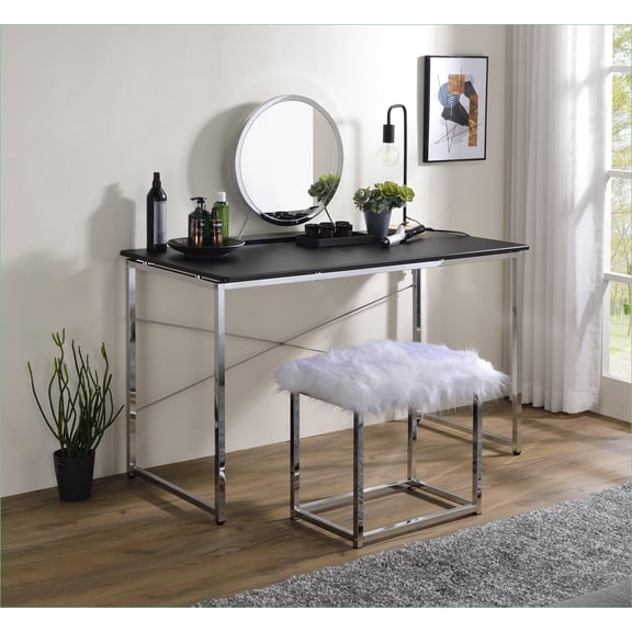 Vanity Desk, Modern Black & Chrome with Metal Frame, Synthetic Wood Top & X-Shape Cross Bar | Chrome, Synthetic Wood