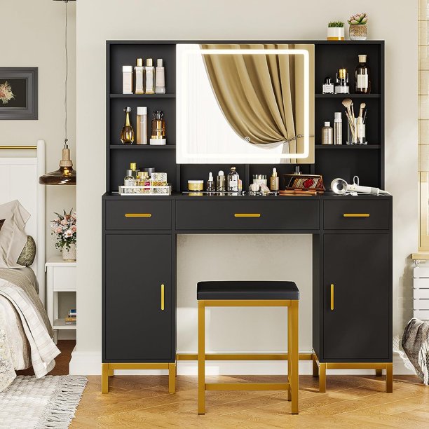 Vanity Desk with Openable Mirror and Lights, Glass Tabletop Makeup