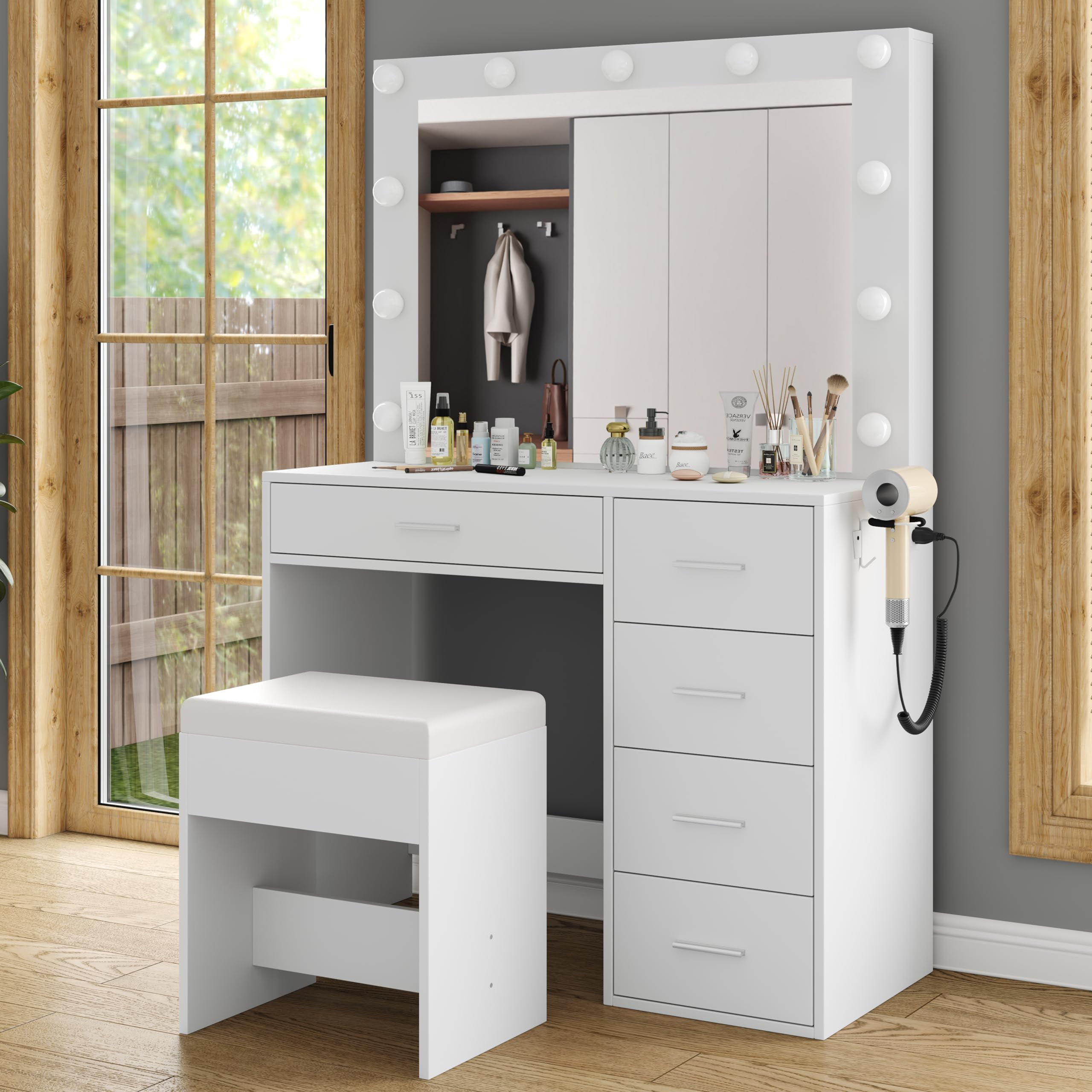 Yanosaku Vanity Desk, Makeup Table with Mirror and 11 LED Lights