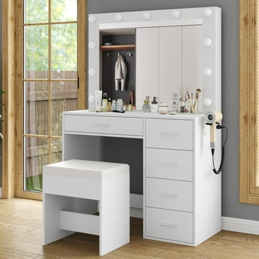 Vanity Desk & Power Outl, Makeup Vanity with Mirror and 11 LED Lights, Makeup Table with 5 Drawers,Vanity Table with Chair,Vanity Set 3 Lighting Modes Brightness Adjustable for Bedroom, White