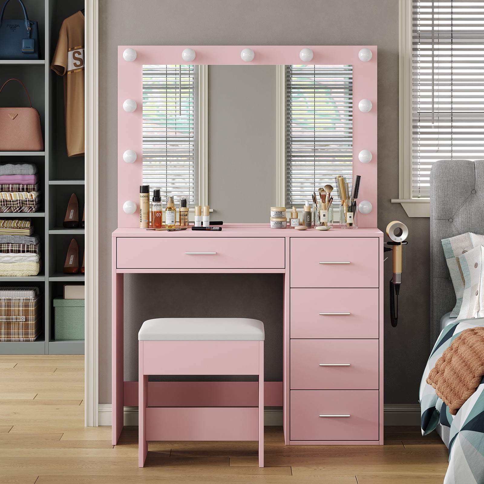 Yanosaku Lighted Vanity Desk with Mirror, Adjustable 3-Mode LED Lights, 5 Storage Drawers, Stool Included, White