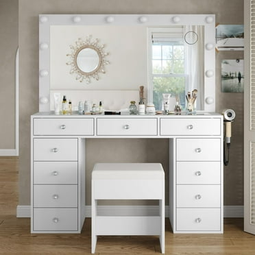 Vanity Desk & Power Outl, Makeup Vanity with Mirror and 12 LED Lights, Makeup Table with 11 Drawers, Vanity Table with Chair, Vanity Set 3 Lighting Modes Brightness Adjustable