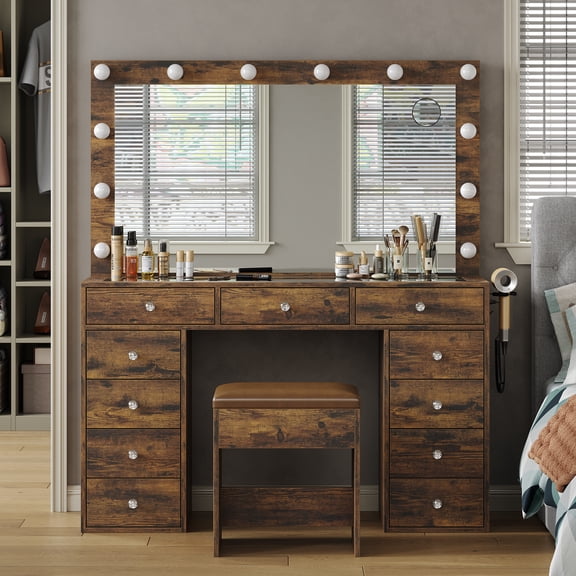 Vanity Desk & Power Outl, Makeup Vanity with Mirror and 12 LED Lights, Makeup Table with 11 Drawers, Vanity Table with Chair, Vanity Set 3 Lighting Modes Brightness Adjustable