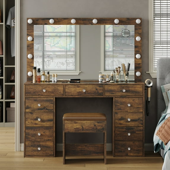 Vanity Desk & Power Outl, Makeup Vanity with Mirror and 12 LED Lights, Makeup Table with 11 Drawers, Vanity Table with Chair, Vanity Set 3 Lighting Modes Brightness Adjustable