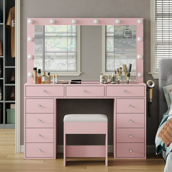 Yanosaku Vanity Desk with Mirror, 12 LED Lights, 11 Drawers, Chair, 3 Lighting Modes, Adjustable Brightness, Pink