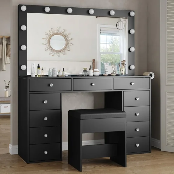 Yanosaku Vanity Desk & Power Outl, Makeup Vanity with Mirror and 12 LED Lights, Makeup Table with 11 Drawers, Vanity Table with Chair, Vanity Set 3 Lighting Modes Brightness Adjustable