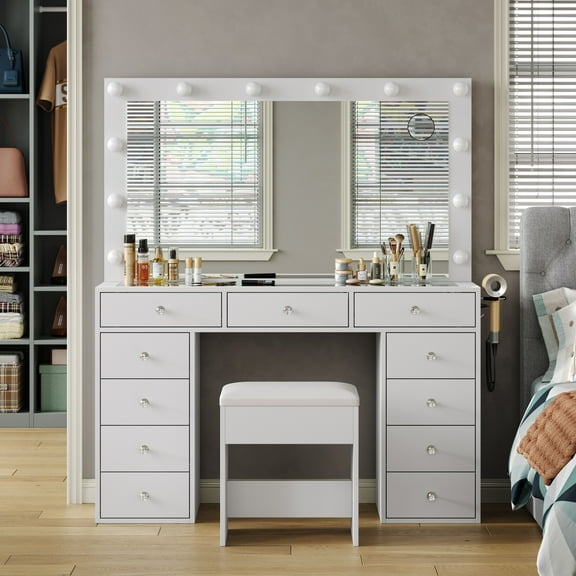 Vanity Desk & Power Outl, Makeup Vanity with Mirror and 12 LED Lights, Makeup Table with 11 Drawers, Vanity Table with Chair, Vanity Set 3 Lighting Modes Brightness Adjustable