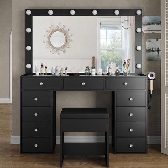 Yanosaku Lighted Vanity Desk with Mirror, 12 LED Lights, 11 Drawers, Adjustable Brightness, Stool with Charging Port