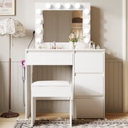 Vanity Desk & Power Outl, Makeup Vanity with Mirror and 12 LED Lights, Vanity Table with Chair & 4 Drawers, Vanity Set 3 Lighting Modes Brightness Adjustable