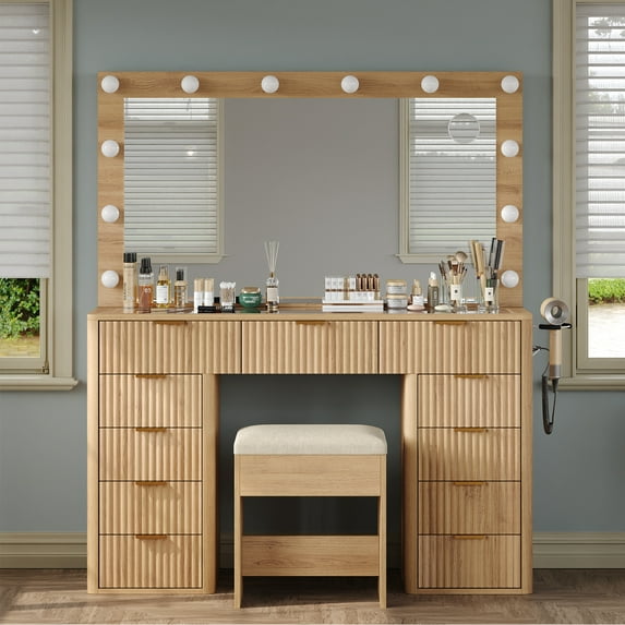 Vanity Desk with Power Outlet, Fluted Makeup Vanity with Lighted Mirror, 3 Lighting Modes Adjustable, 11 Drawers Vanity Set, Glass Top, Vanity Table with Chair for Bedroom, Dressing Room