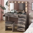 thumbnail image 1 of Vanity Desk with Power Outlet, Makeup Vanity with Lighted Mirror, 3 Lighting Modes Adjustable 12 LED Lights, 7 Drawers Vanity Set with Glass Top, Vanity Table with Chair for Bedroom (Grey), 1 of 9