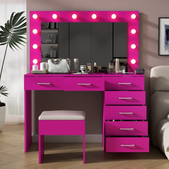 Vanity Desk with Power Outlet, Makeup Vanity with Lighted Mirror, 3 Lighting Modes Adjustable 12 LED Lights, 7 Drawers Vanity Set with Glass Top, Vanity Table with Chair for Bedroom (Pink)