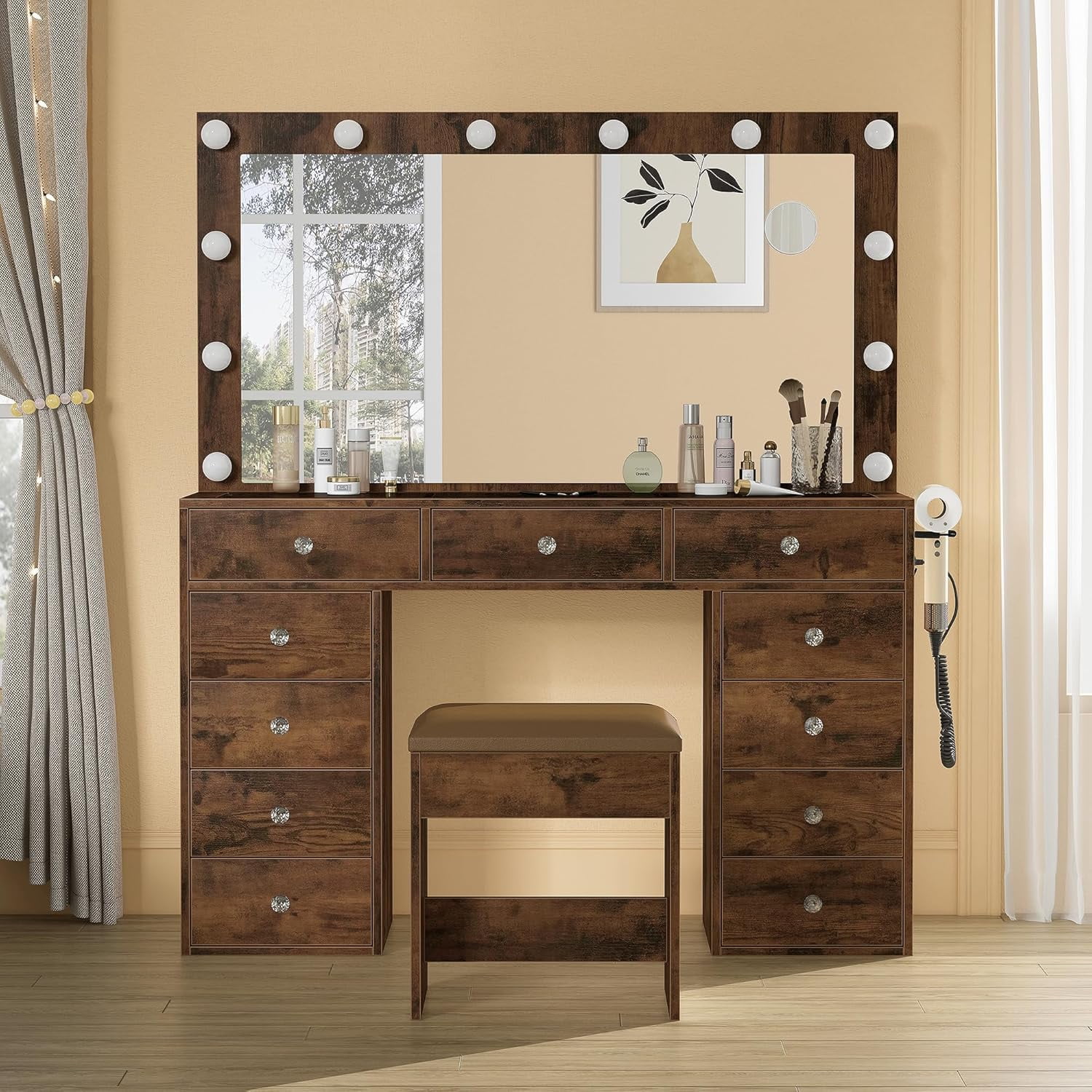 Vanity Desk with Power Outlet, Makeup Vanity with Mirror and 12 LED