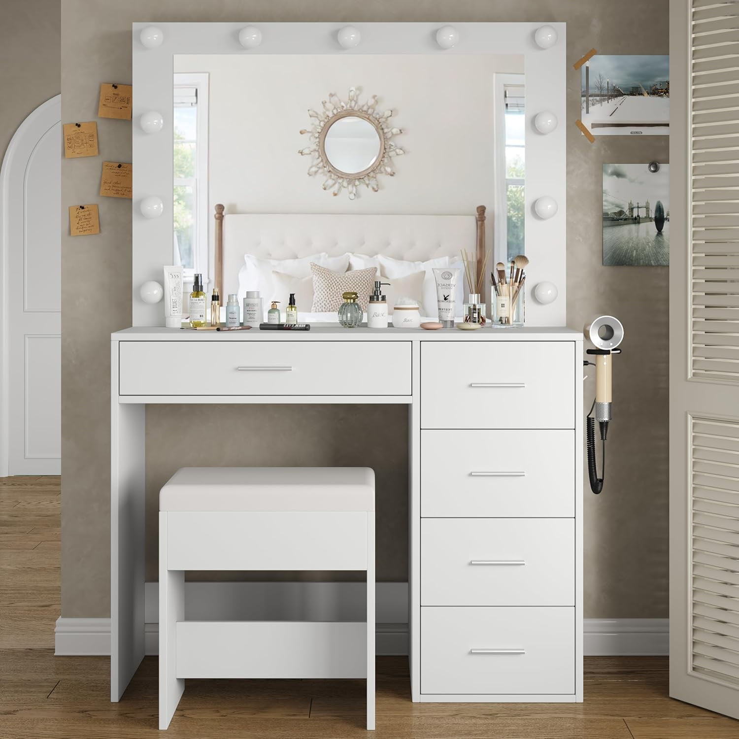 Vanity Desk with Power Outlet, Makeup Vanity with Mirror and 12 LED