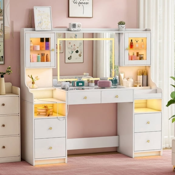 Pipleo 62" Large White Vanity Desk with Glass Top, Makeup Vanity with Mirror and LED Lights, One Piece Controls 3 Lighting Modes, 4 Drawers Vanity with 2 Cabinets and Power Outlet for Women, Girls