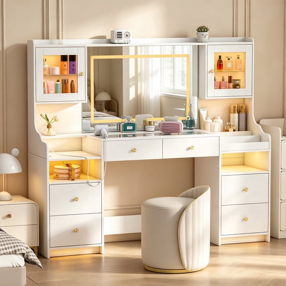 62" Large White Vanity Desk with Glass Top, Makeup Vanity with Mirror and LED Lights, One Piece Controls 3 Lighting Modes, 4 Drawers Vanity with 2 Cabinets and Power Outlet for Women, Girls