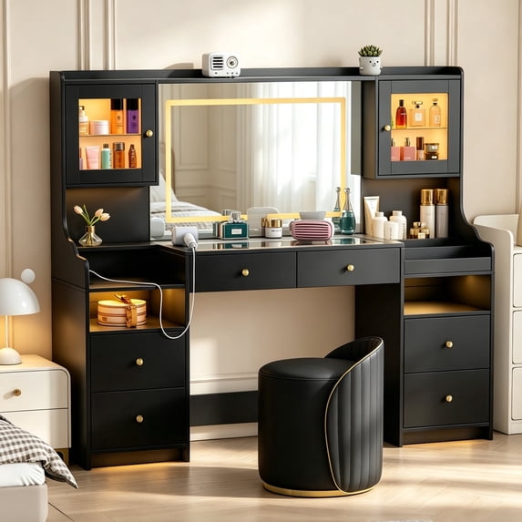 62" Large White Vanity Desk with Glass Top, Makeup Vanity with Mirror and LED Lights, One Piece Controls 3 Lighting Modes, 4 Drawers Vanity with 2 Cabinets and Power Outlet for Women, Girls