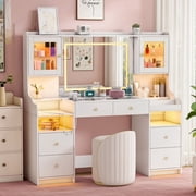 Pipleo 62 Large White Vanity Desk with Glass Top, Makeup Vanity with Mirror and LED Lights, One Piece Controls 3 Lighting Modes, 4 Drawers Vanity with 2 Cabinets and Power Outlet for Women, Girls