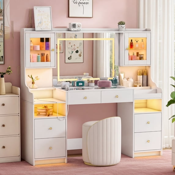 Pipleo 62" Large White Vanity Desk with Glass Top, Makeup Vanity with Mirror and LED Lights, One Piece Controls 3 Lighting Modes, 4 Drawers Vanity with 2 Cabinets and Power Outlet for Women, Girls