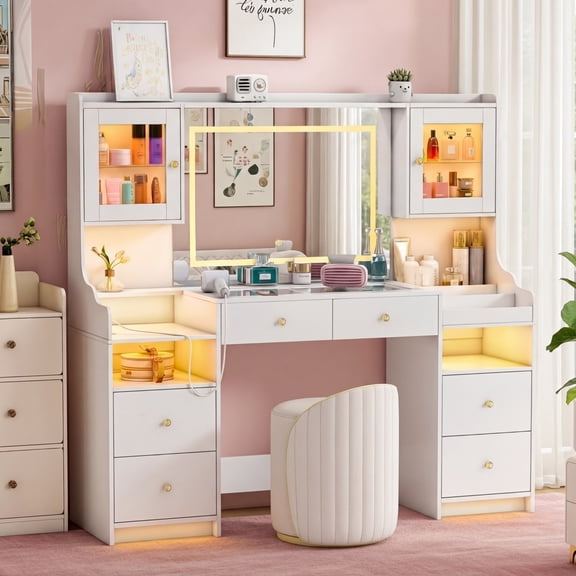 Pipleo 62" Large White Vanity Desk with Glass Top, Makeup Vanity with Mirror and LED Lights, One Piece Controls 3 Lighting Modes, 4 Drawers Vanity with 2 Cabinets and Power Outlet for Women, Girls