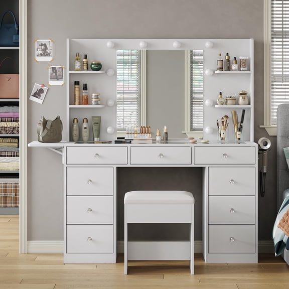 Vanity Desk & Power Outlet, Makeup Vanity with Mirror and LED Lights, Makeup Table, Fold-up Panel, Vanity Set 3 Lighting Modes Brightness Adjustable