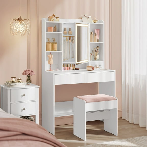 Vanity Desk with Power Outlets, Makeup Vanity with Mirror and Lights, Upholstered Vanity Stool, Dimmable LED Lights, 6 Compartments, 2 Drawers, Cloud White