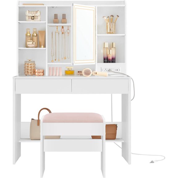 Vanity Desk with Power Outlets, Makeup Vanity with Mirror and Lights, Upholstered Vanity Stool, LED Lights, 6 Compartments, 2 Drawers, for Bedroom, Cloud White URDT031W01