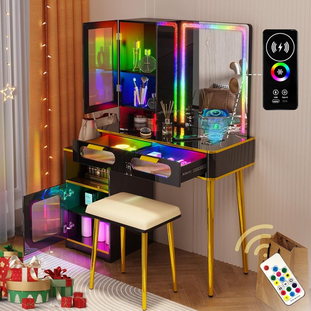 Vanity Desk with RGB Lights LED Vanity with Mirror and Drawers RGB Desk