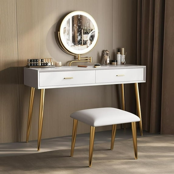 Vanity Desk Set with 360° Rotating Mirror and Lights, Small Makeup Vanity with Microfiber Leather, Vanity Table with 2 Drawers, Stool, 3 Lighting Modes - 31.5in Beige