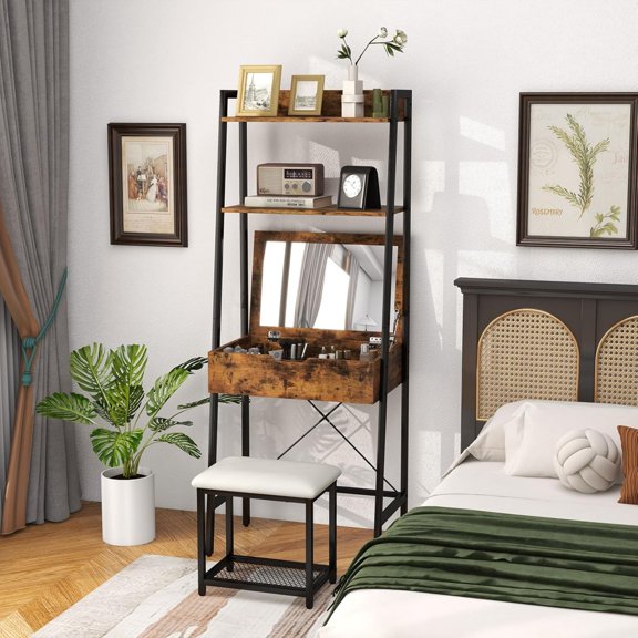 Vanity Desk Set with Flip-up Mirror, Ladder Vanity Table and Cushioned Stool Set w/ 4 Storage Compartments, Small Makeup Dressing Table for Small Spaces, Bedroom (Rustic Brown + Black)
