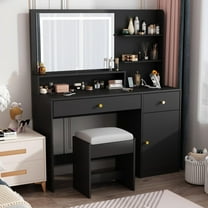 Vanity Desk Set with LED Light Mirror & Power Outlet, Makeup Table with 3 Shelves & 2 Drawers & 3 Level Adjustable Cabinet/Makeup Vanity Stool for Women, Girls(Black)