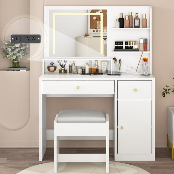 White Vanity Desk Set with LED Light Mirror & Power Outlet, Makeup Table with 3 Shelves & 2 Drawers & 3 Level Adjustable Cabinet & Makeup Vanity Stool for Women, Girls(White-37")
