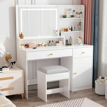 Vanity Desk Set with LED Light Mirror & Power Outlet, Makeup Table with 3 Shelves & 2 Drawers & 3 Level Adjustable Cabinet/Makeup Vanity Stool for Women, Girls(White)