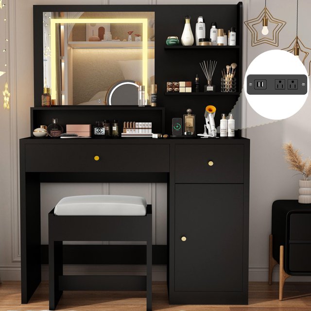 Vanity Desk Set with LED Light Mirror & Power Outlet, Makeup Table with