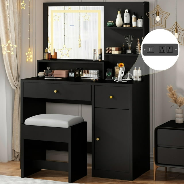 Vanity Desk Set with LED Light Mirror & Power Outlet, Makeup Table with