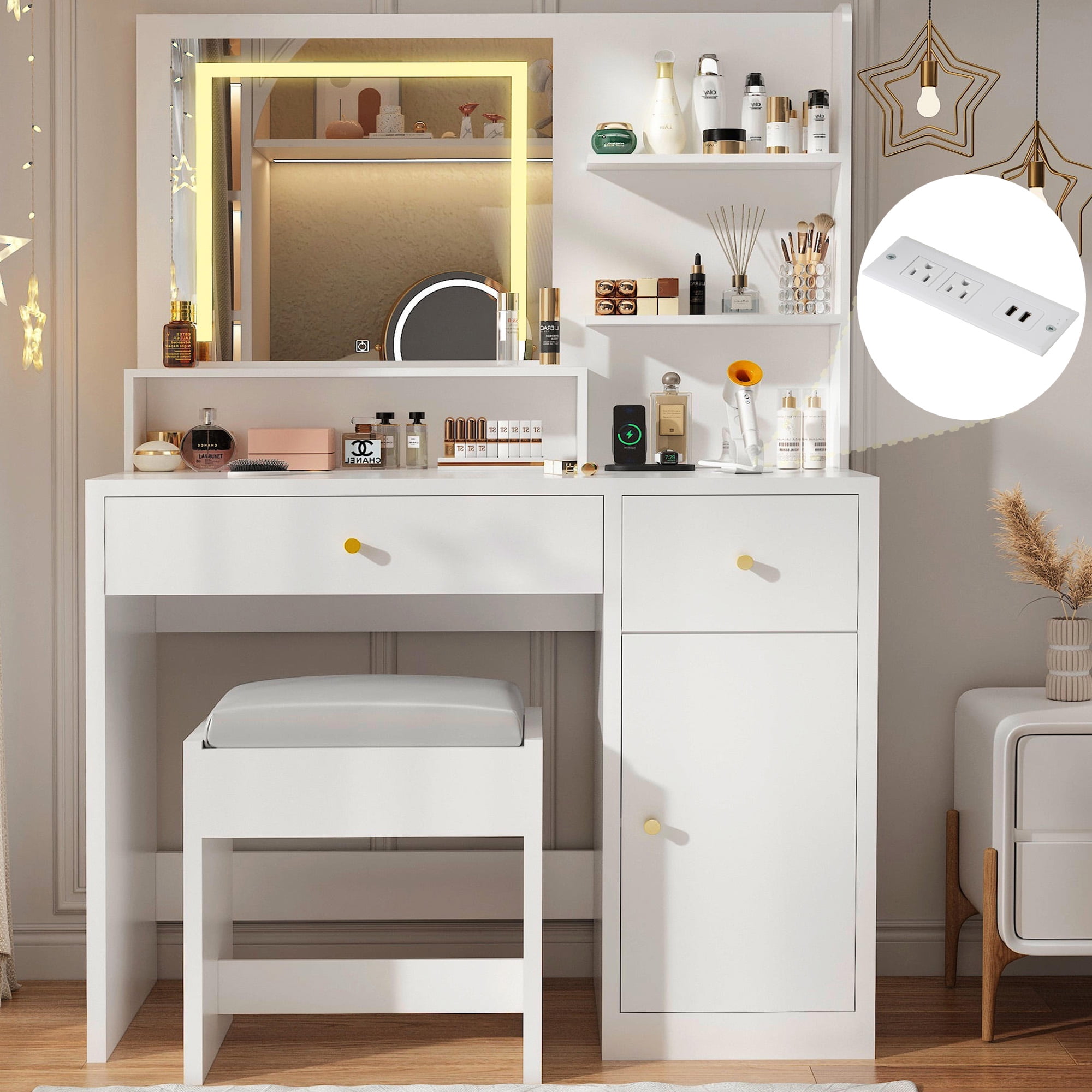 Vanity Desk Set with LED Light Mirror & Power Outlet, Makeup Table with