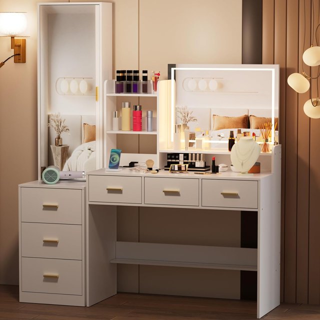 Vanity Desk Set with LED Lighted Mirror & Outlet Vanity Dressing Table