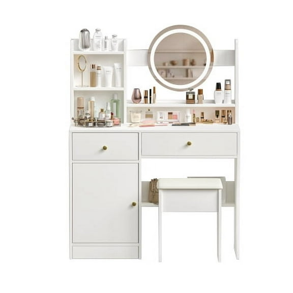 Vanity Desk Set with LED Mirror & Cushioned Chair - Makeup Dressing Table with 3-Color Adjustable Lights, White Glam (Includes Power Outlet)